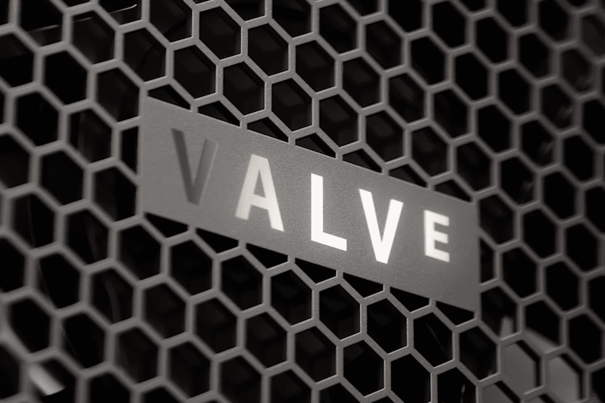 A screenshot of the Valve logo on the Steam Machine from the Steam Machine reveal trailer