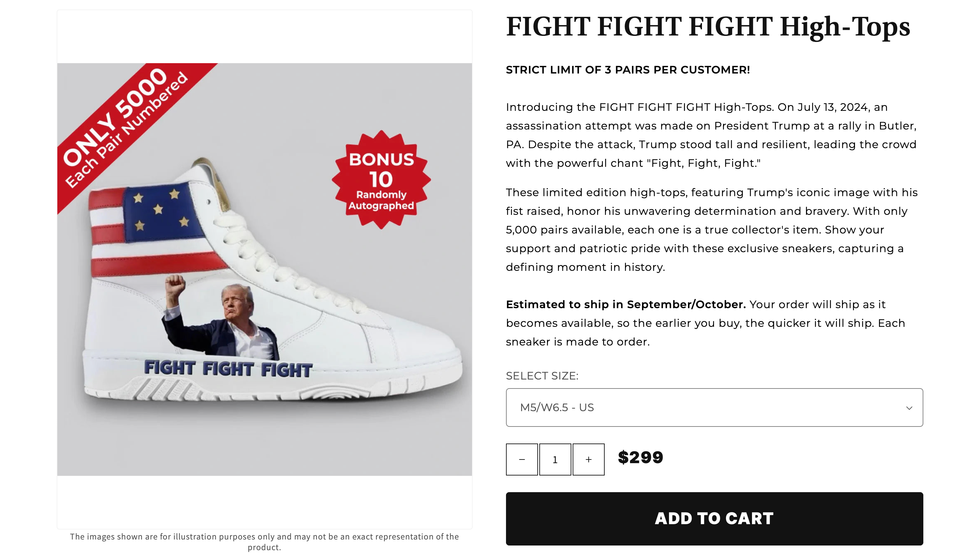 A screenshot of the website selling the Donald Trump assassination attempt sneakers
