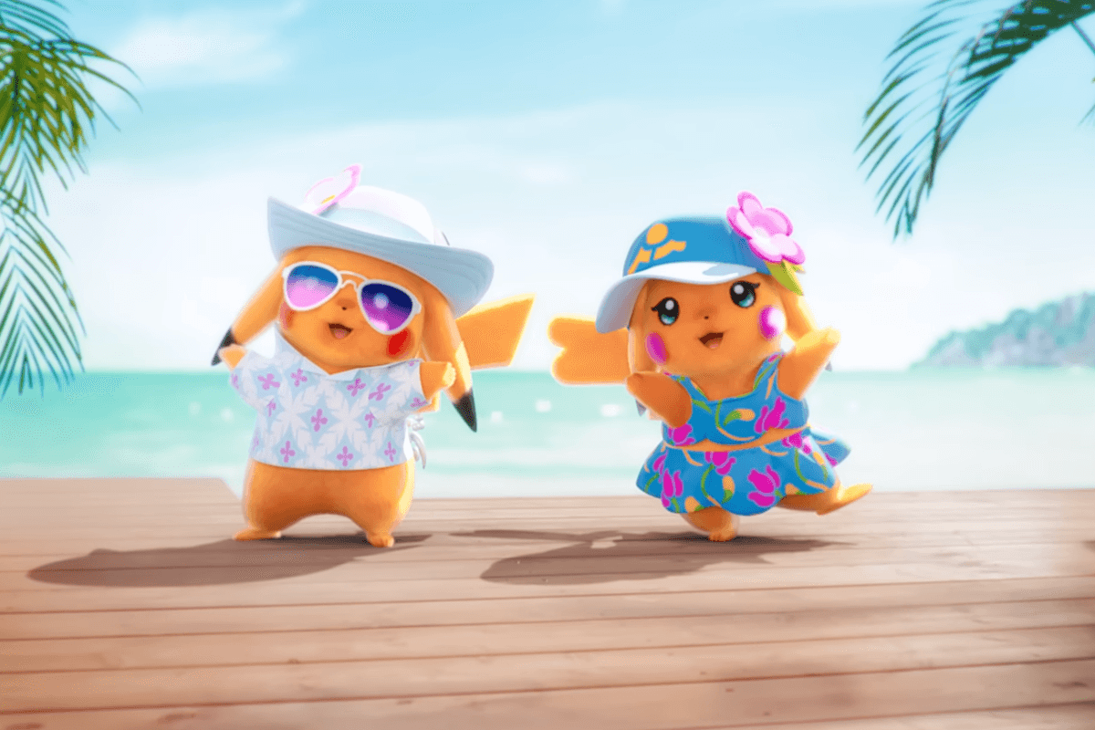 A screenshot of two Pikachus from the Pokemon Winds & Waves trailer