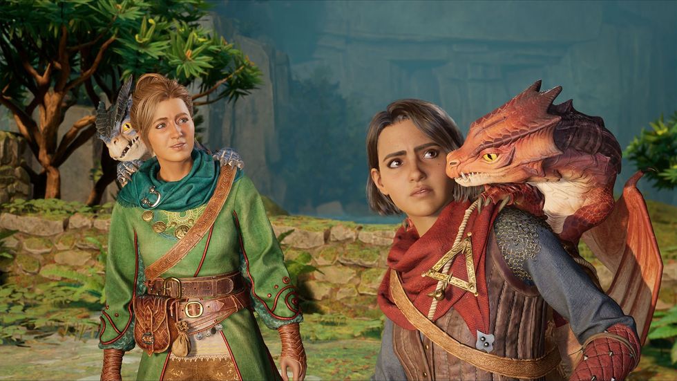 A screenshot of Zoe and Mio with dragons in Split Fiction