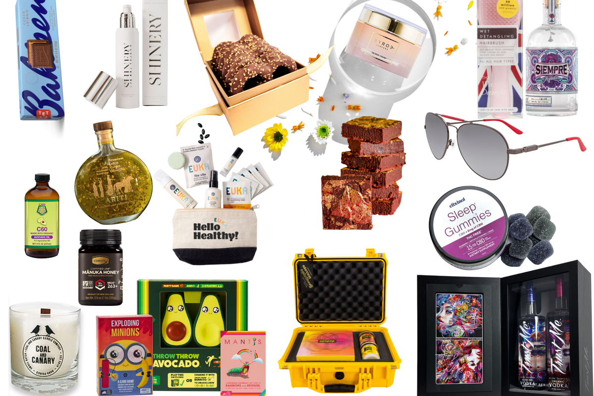 A selection of product images for a range of different items which are part of an Oscars gift bag, including fashion accessories, beauty products and sweets.