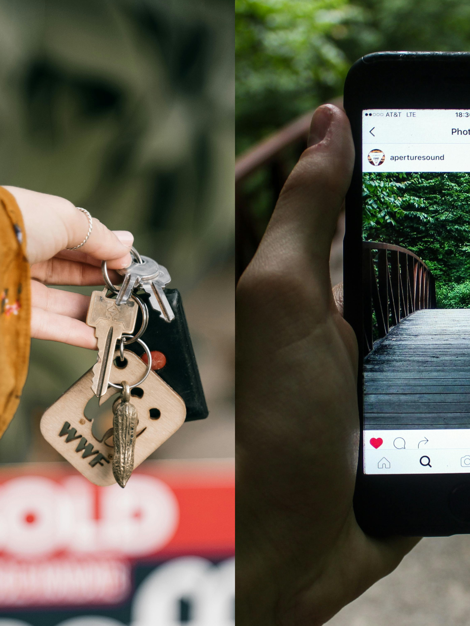 A split image of someone holding keys in front of a 'sold' sign and someone holding a phone showing Instagram on the screen with a photo of a forest