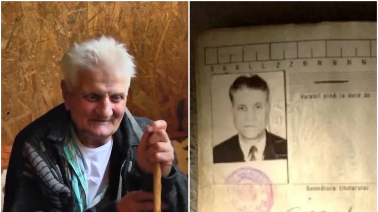 A split image of Vasile Gorgos now and his ID card from 30 years ago, at the time of his disappearance