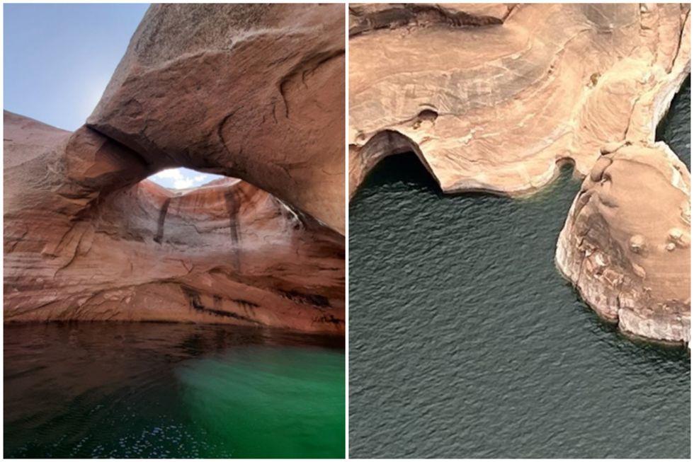 A split image showing Glenn Canyon's iconic Double Arch before and after its collapse