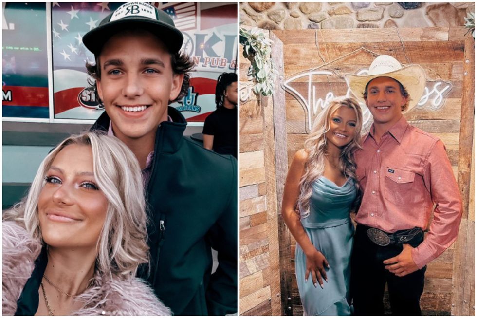 A split image showing Taylor Rousseau Grigg with her husband Cameron Grigg