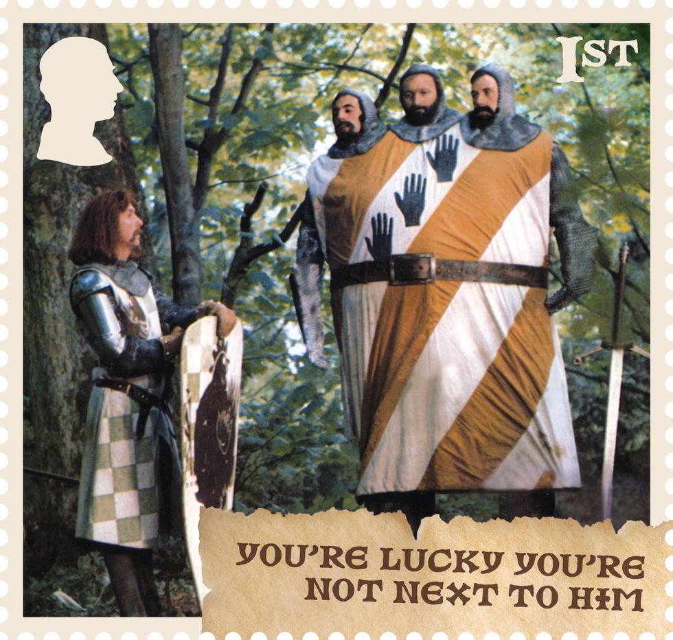 A stamp showing a small knight meeting a giant knight made up of three tall men in one custom in a Monty Python film with the words "You're lucky you're not next to him"