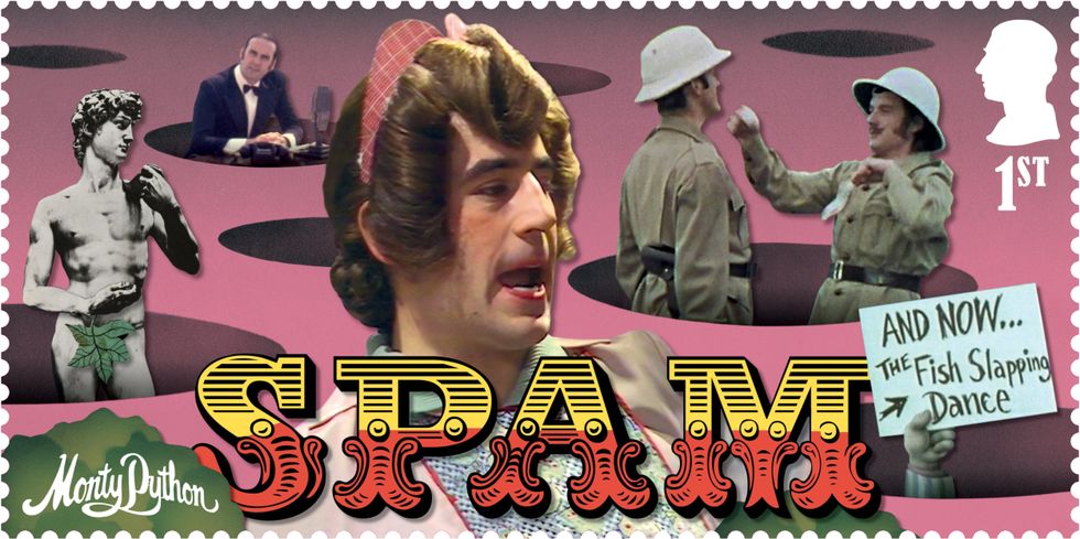 a stamp with the words Spam in capitals surrounded by images of Monty Python in character