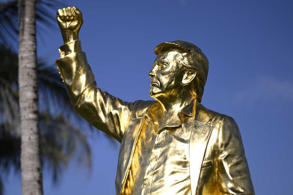 A statue of President Donald Trump is seen near the ninth tee during the first round of the Cadillac Championship 2026 at Trump National Doral Miami on April 30, 2026 in Doral, Florida