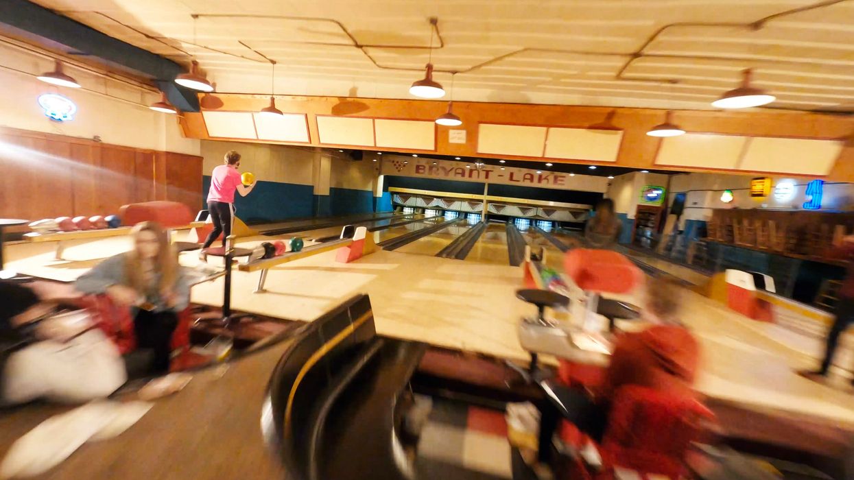 A still from a drone video of Bryant Lake Bowl & Theater in Minneapolis, USA