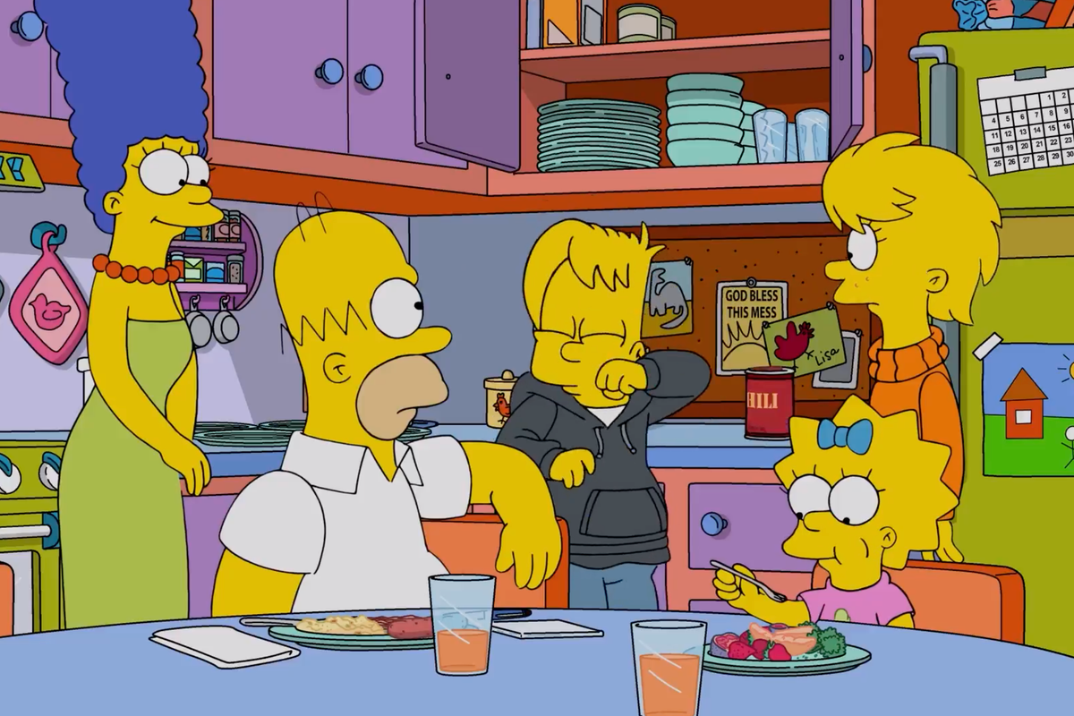 A still from an episode of The Simpsons, showing all five characters in the kitchen.