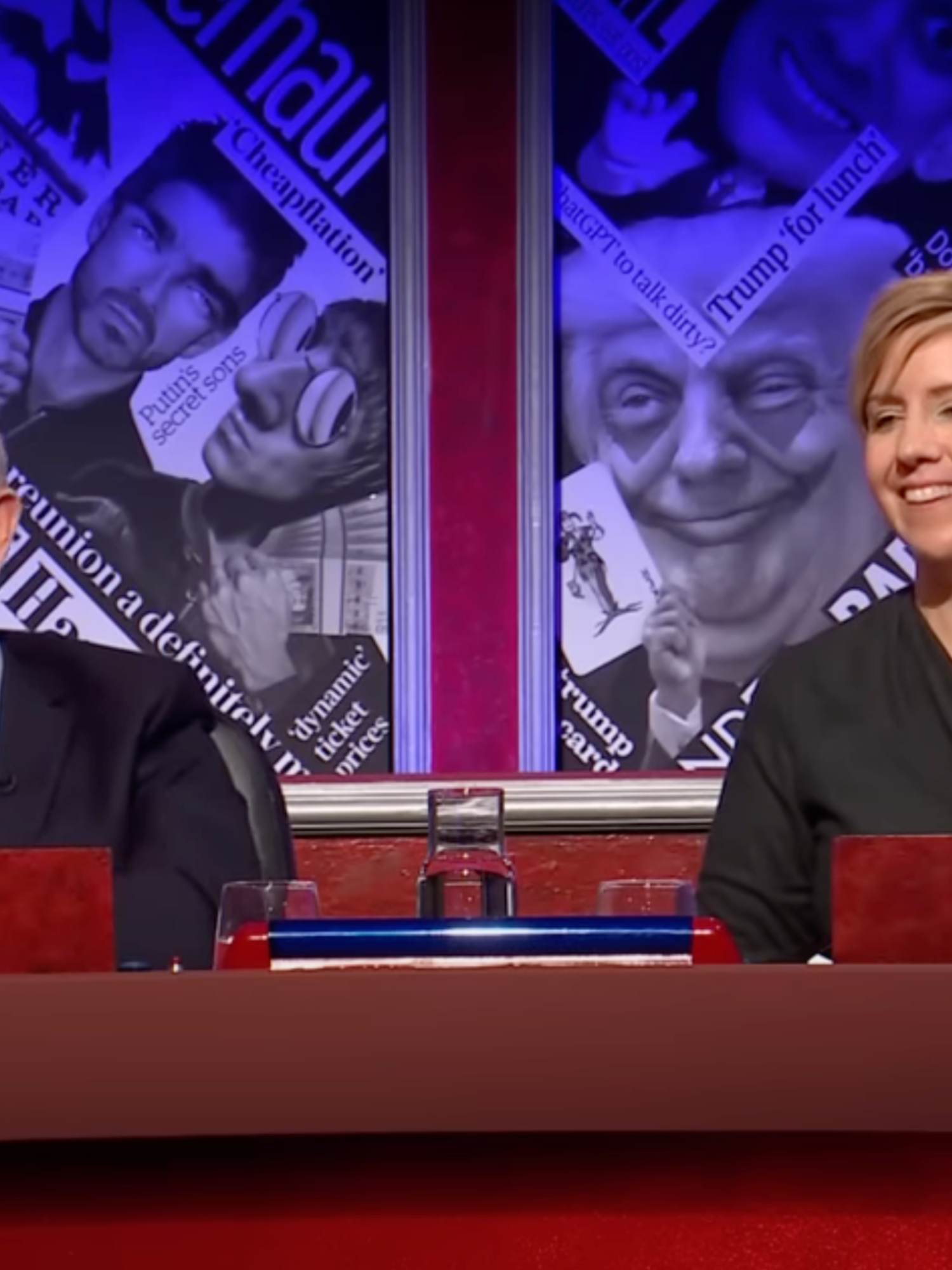 A still from Have I Got News For You. Left, Ian Hislop frowns in disbelief. Right, Andrea Jenkyns smiles and laughs.