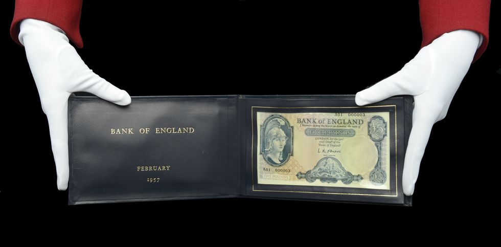 A \u00a35 banknote was originally presented to former prime minister Harold Macmillan in 1957