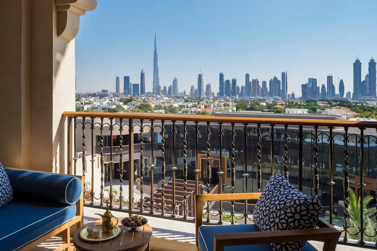 A view from the balcony of the Four Seasons hotel, overlooking the Dubai skyline