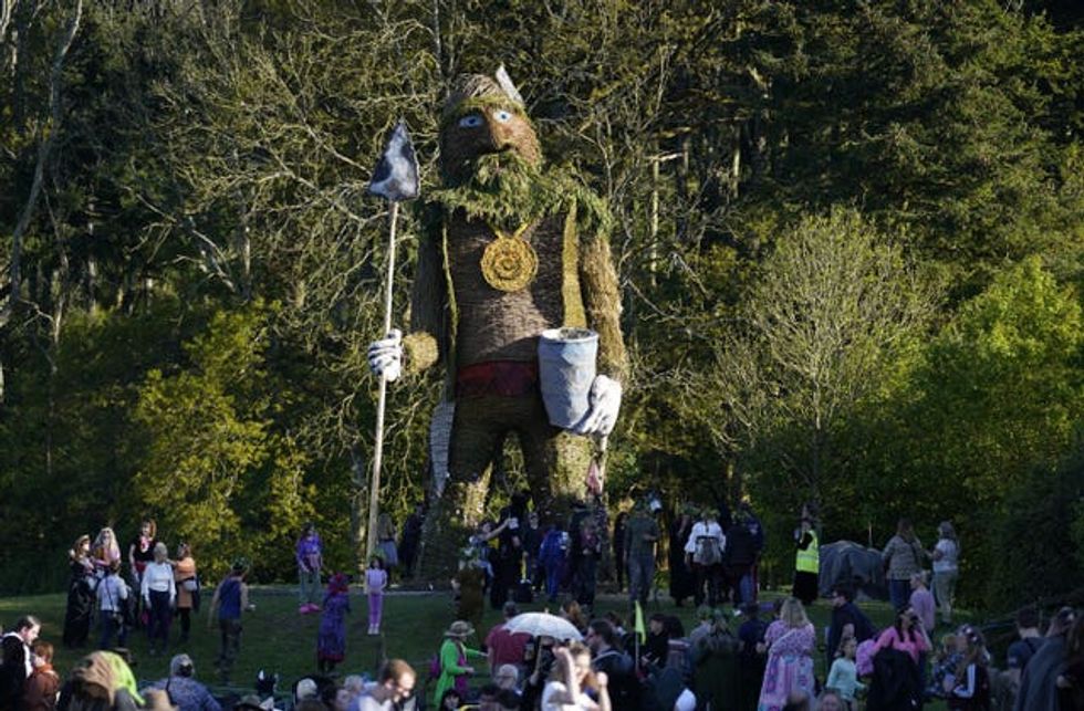 A view of a wicker man ahead of being burnt at the Beltain Celtic Fire Festival at Butser Ancient Farm, near Waterlooville, Hampshire