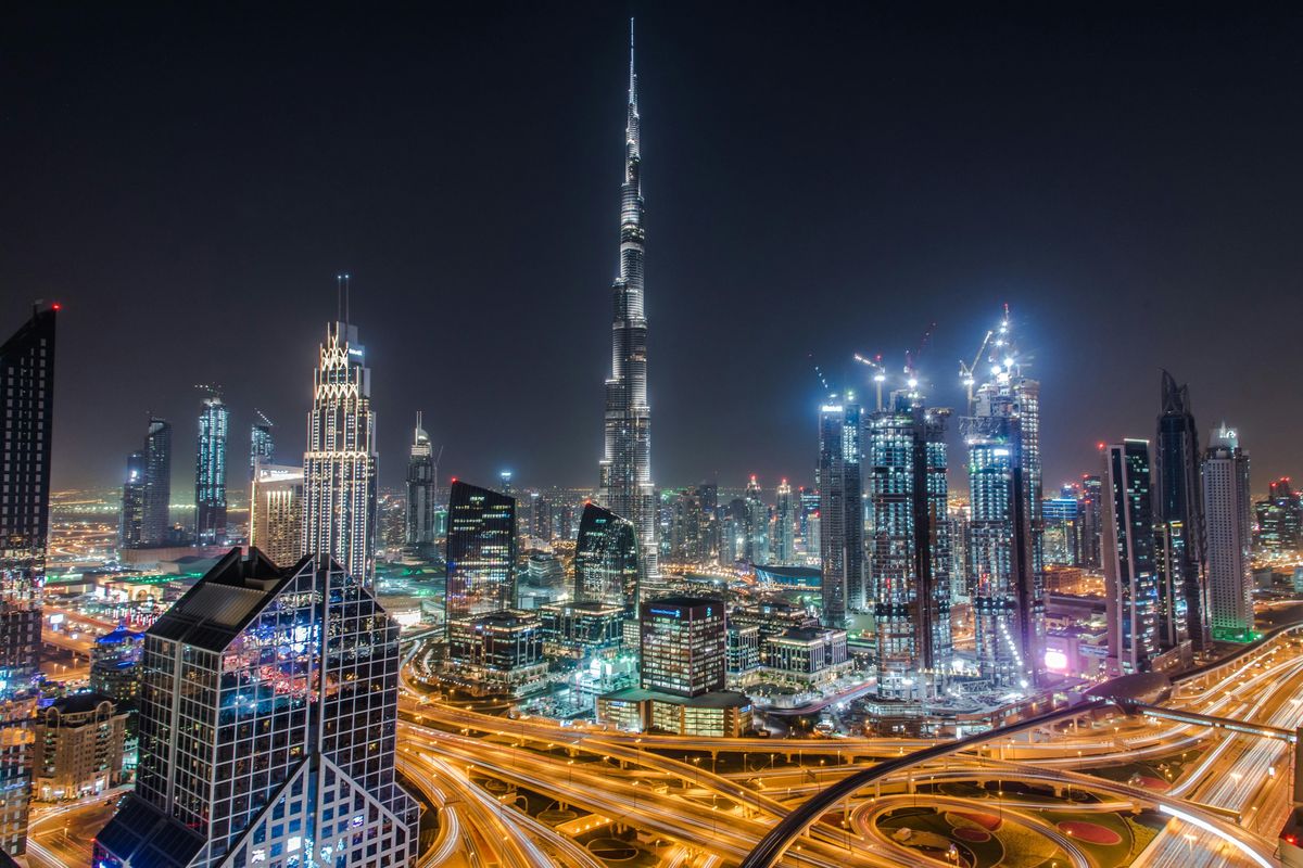 A view of the Dubai skyline at night