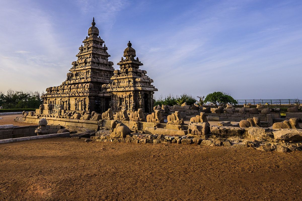 A view of the Shore Temple, located in Mahabalipuram, India