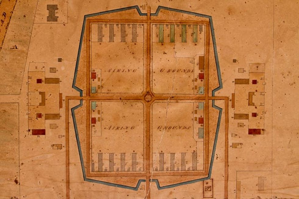 A watercolour plan of the barracks of Norman Cross, with a list of buildings, made in 1799