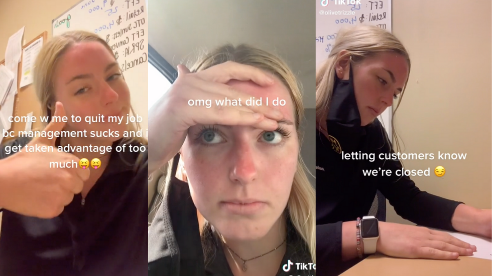 A white woman in black uniform with thumb up: \u2018Come w me to quit my job bc management sucks and i get taken advantage of too much\u2019; hand on head: \u2018omg what did i do\u2019; writing on paper: \u2018letting customers know we\u2019re closed\u2019