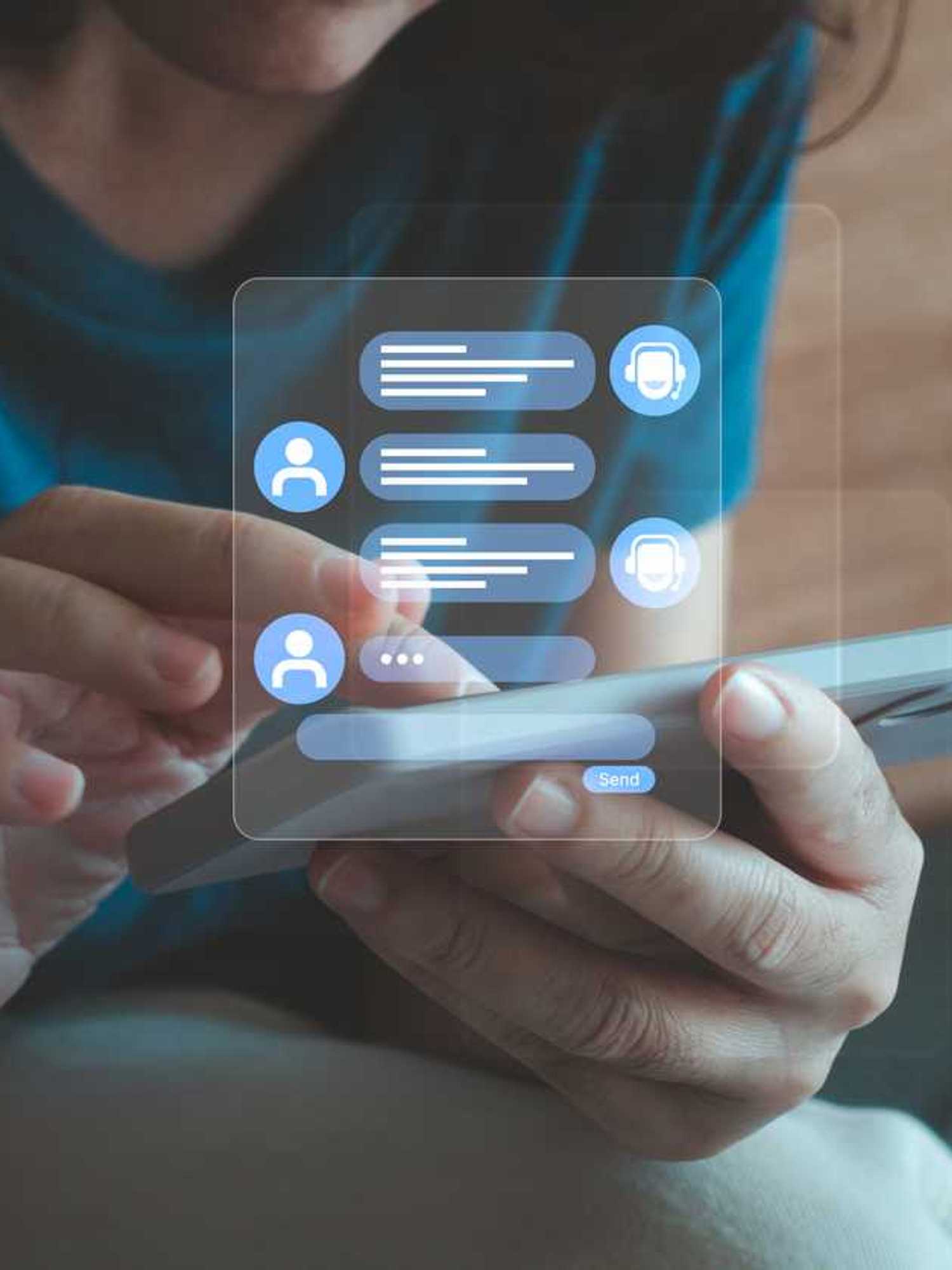 A white woman types messages into her phone, with a holographic text conversation appearing above it.