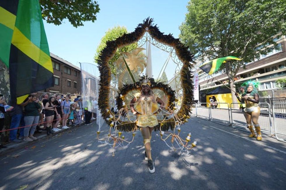 A woman in yellow surrounded by a frame of brown feathers