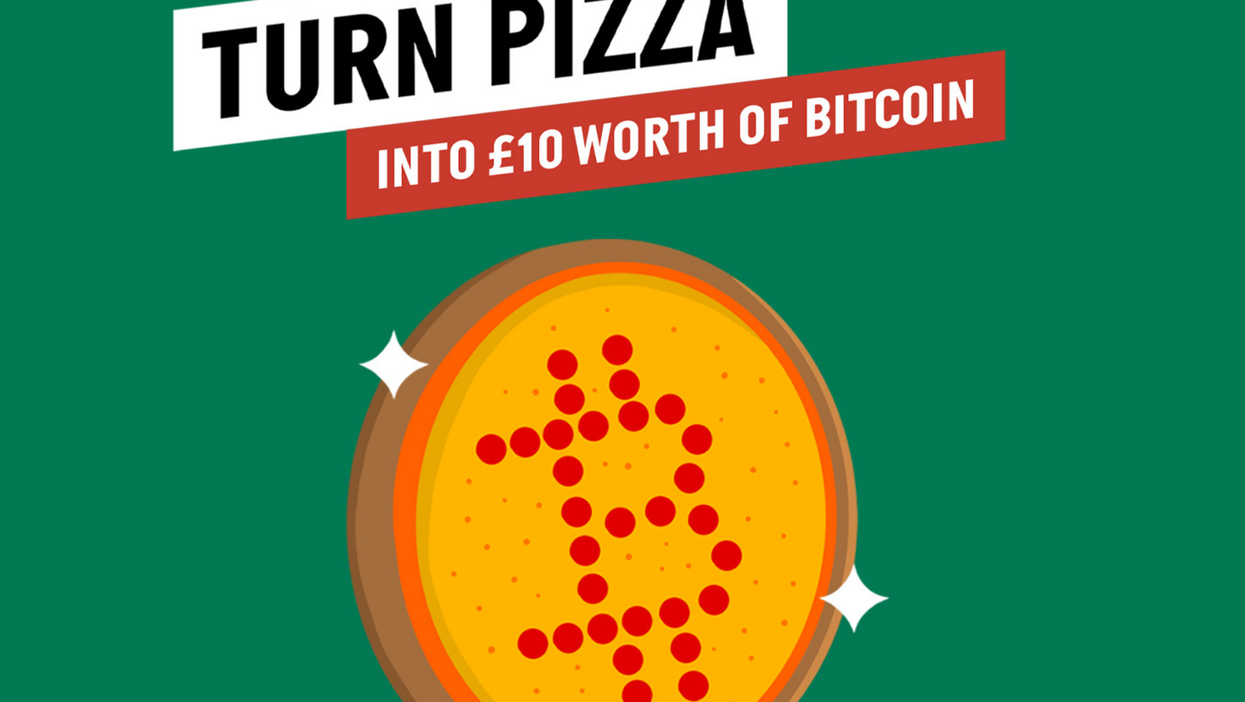 A yellow circular bitcoin with red dots making the B sign - like a pizza’ at the bottom with sparkles. Above it text reads: ‘Turn pizza into £10 worth of bitcoin’.