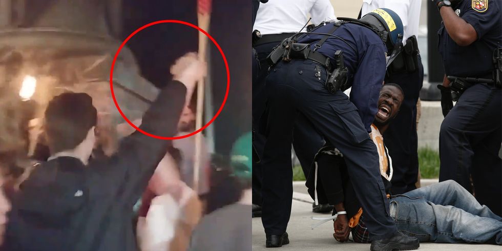 A young man showing the 'Hitler salute' during the University of Virginia white supremacist rally (left) and Baltimore Police officers arresting a man near in Baltimore Maryland during a protest over the death of Freddie Gray, who died in police custody.