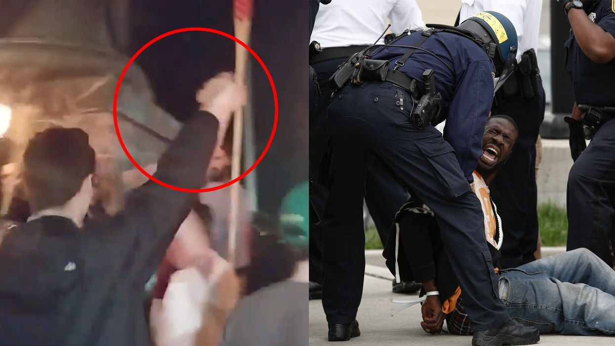 A young man showing the 'Hitler salute' during the University of Virginia white supremacist rally (left) and Baltimore Police officers arresting a man near in Baltimore Maryland during a protest over the death of Freddie Gray, who died in police custody.