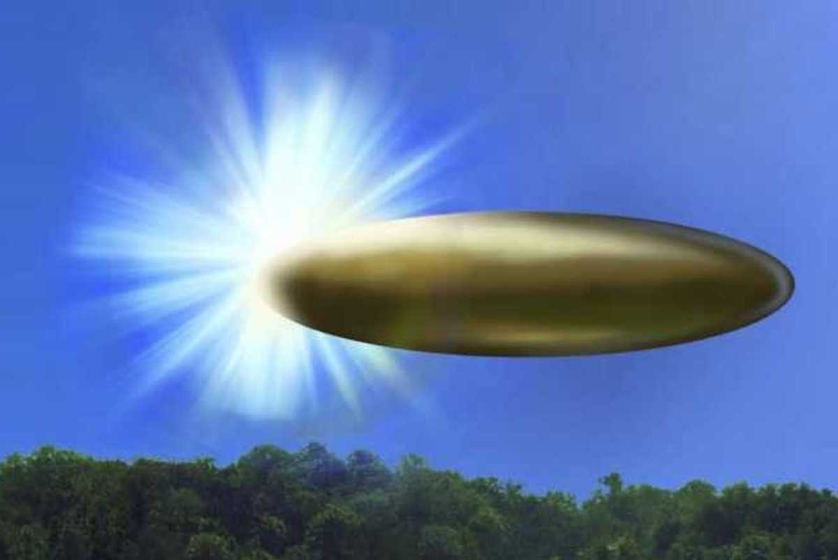 Actual site photo with FBI Lab rendered graphic overlay depicting corroborating eyewitness reports from September 2023 of an apparent ellipsoid bronze metallic object materializing out of a bright light in the sky, 130-195 feet in length, and disappearing instantaneously