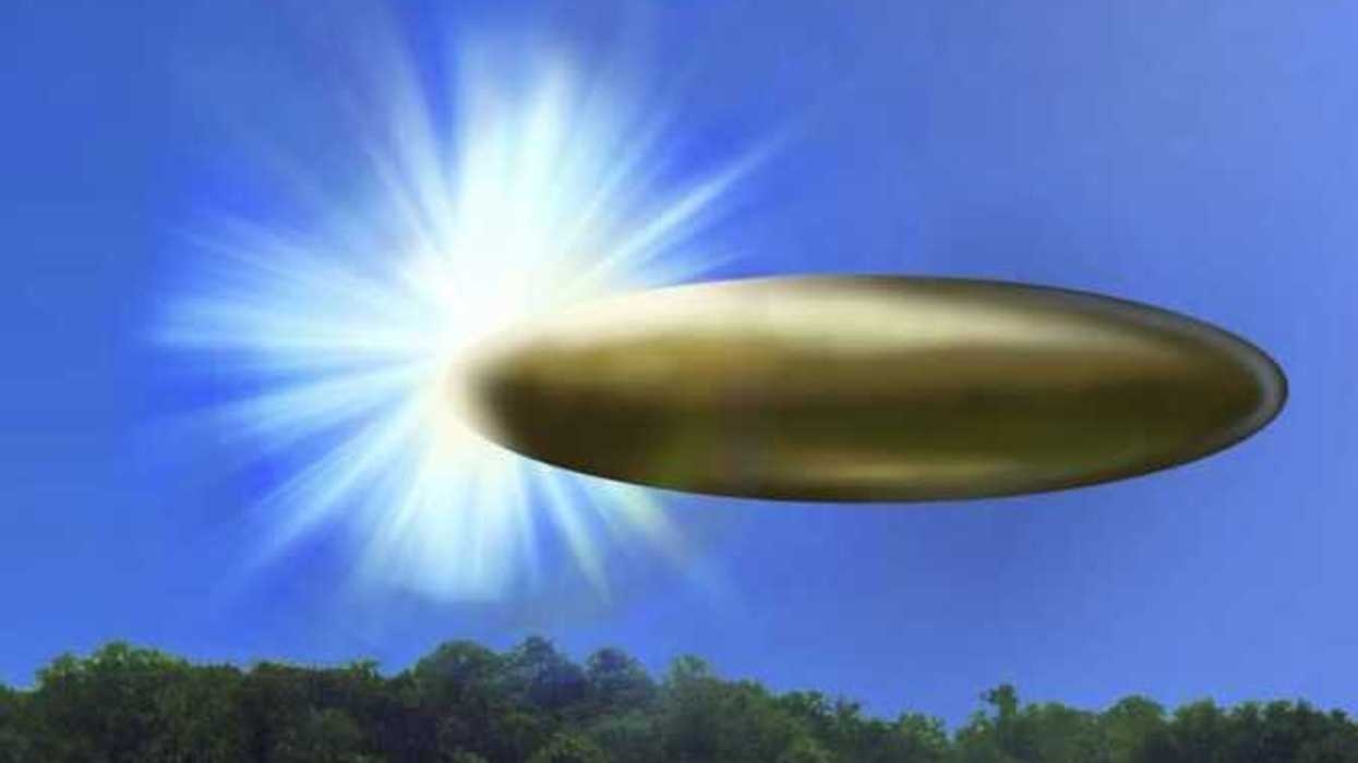 Actual site photo with FBI Lab rendered graphic overlay depicting corroborating eyewitness reports from September 2023 of an apparent ellipsoid bronze metallic object materializing out of a bright light in the sky, 130-195 feet in length, and disappearing instantaneously