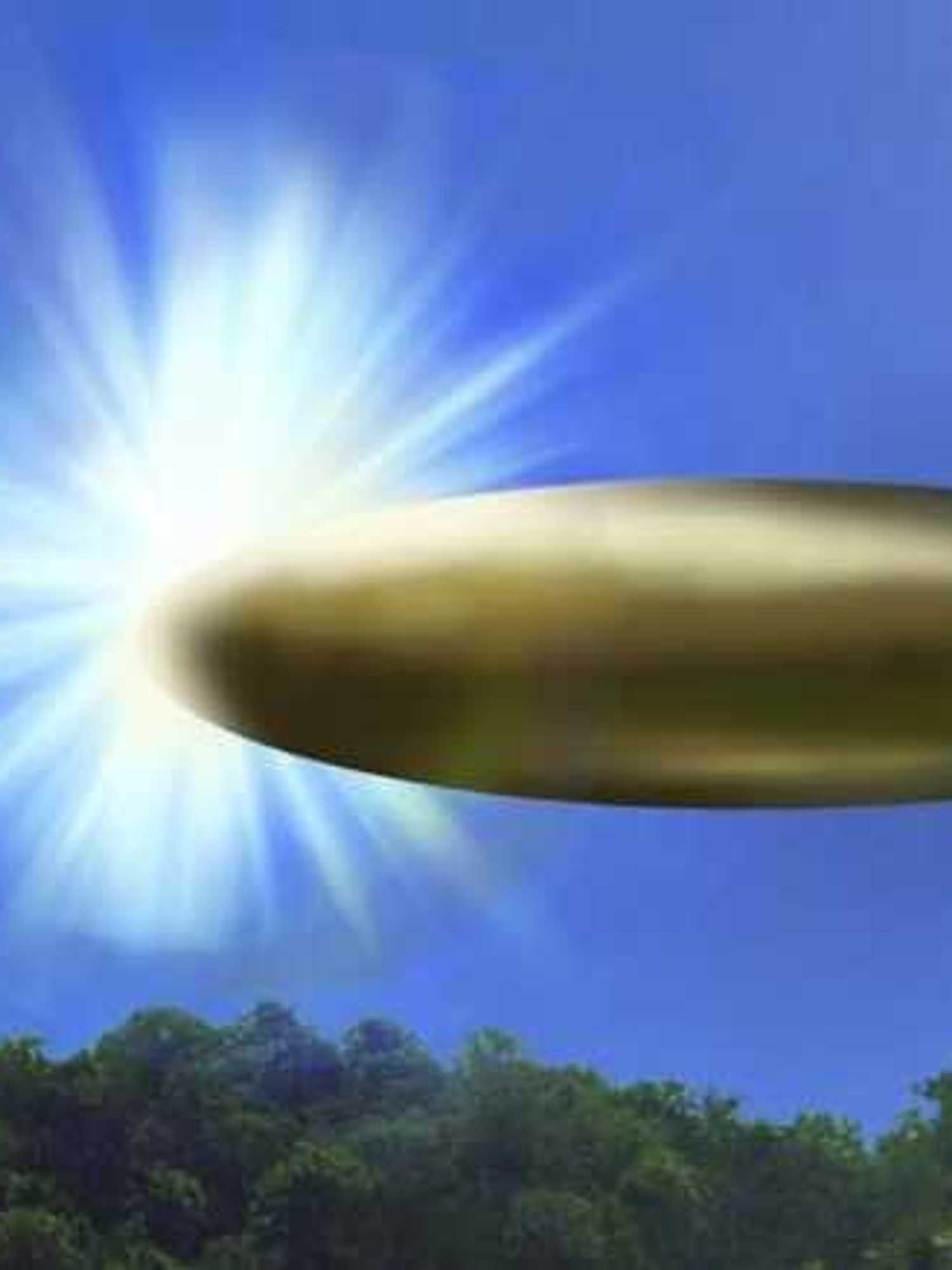 Actual site photo with FBI Lab rendered graphic overlay depicting corroborating eyewitness reports from September 2023 of an apparent ellipsoid bronze metallic object materializing out of a bright light in the sky, 130-195 feet in length, and disappearing instantaneously