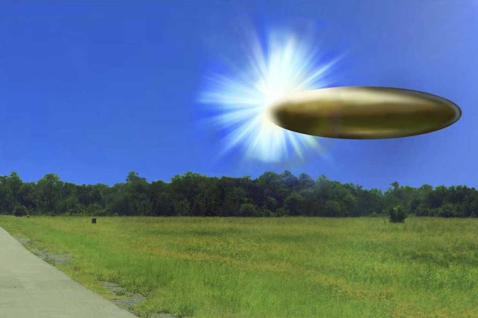 Actual site photo with FBI Lab rendered graphic overlay depicting corroborating eyewitness reports from September 2023 of an apparent ellipsoid bronze metallic object materializing out of a bright light in the sky, 130-195 feet in length, and disappearing instantaneously
