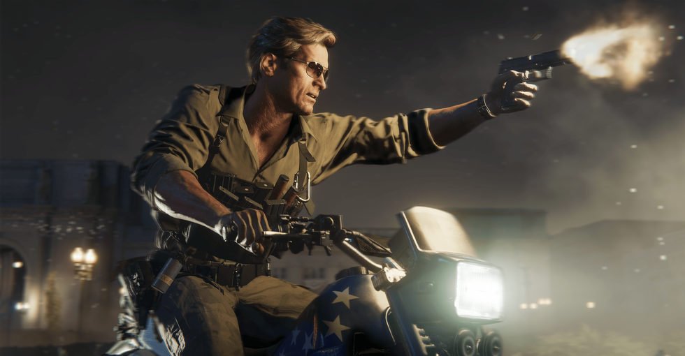 Adler on a motorcycle firing a gun in Call of Duty Black Ops 6