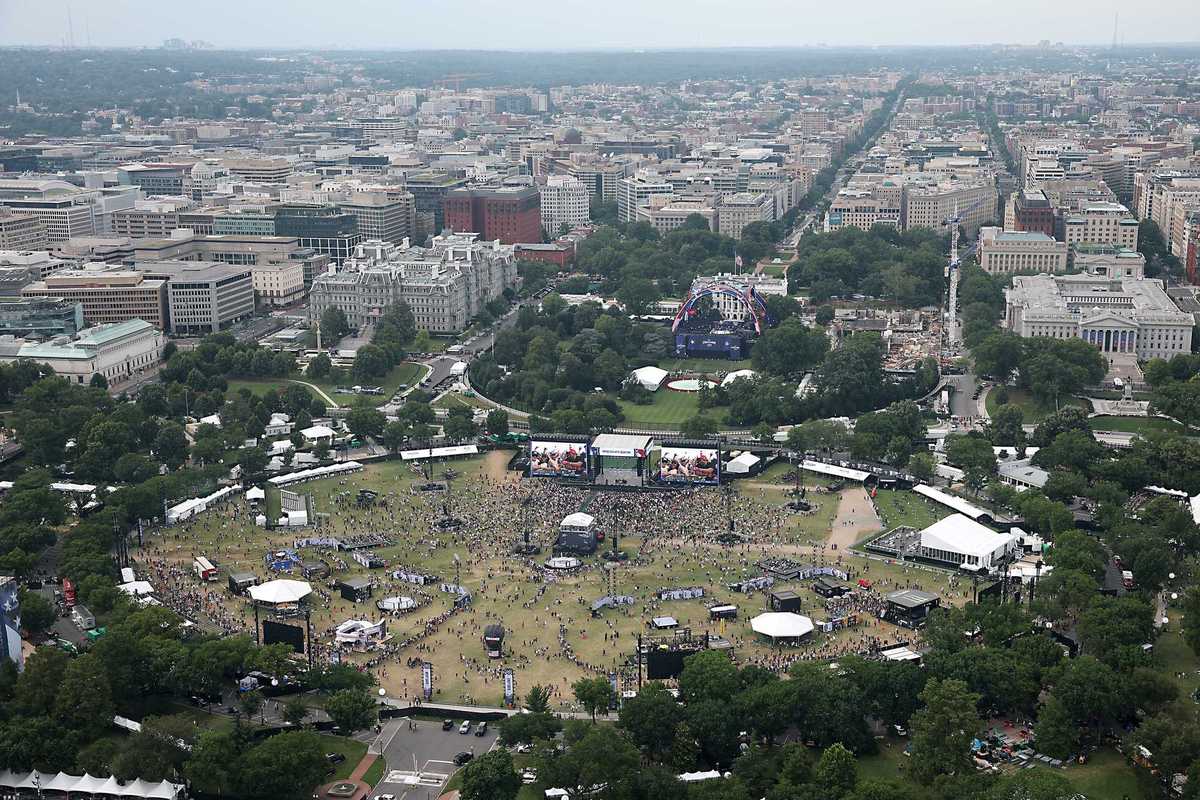 Aerial photograph of UFC fan event at The Ellipse near the White House.