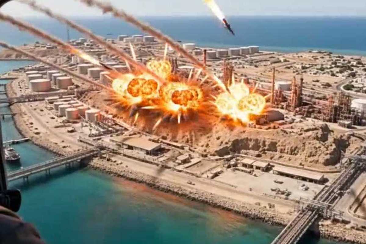 AI-generated imagery of missiles striking an oil field and harbour, with a man in an aircraft seen watching the scenes in the left-hand corner.