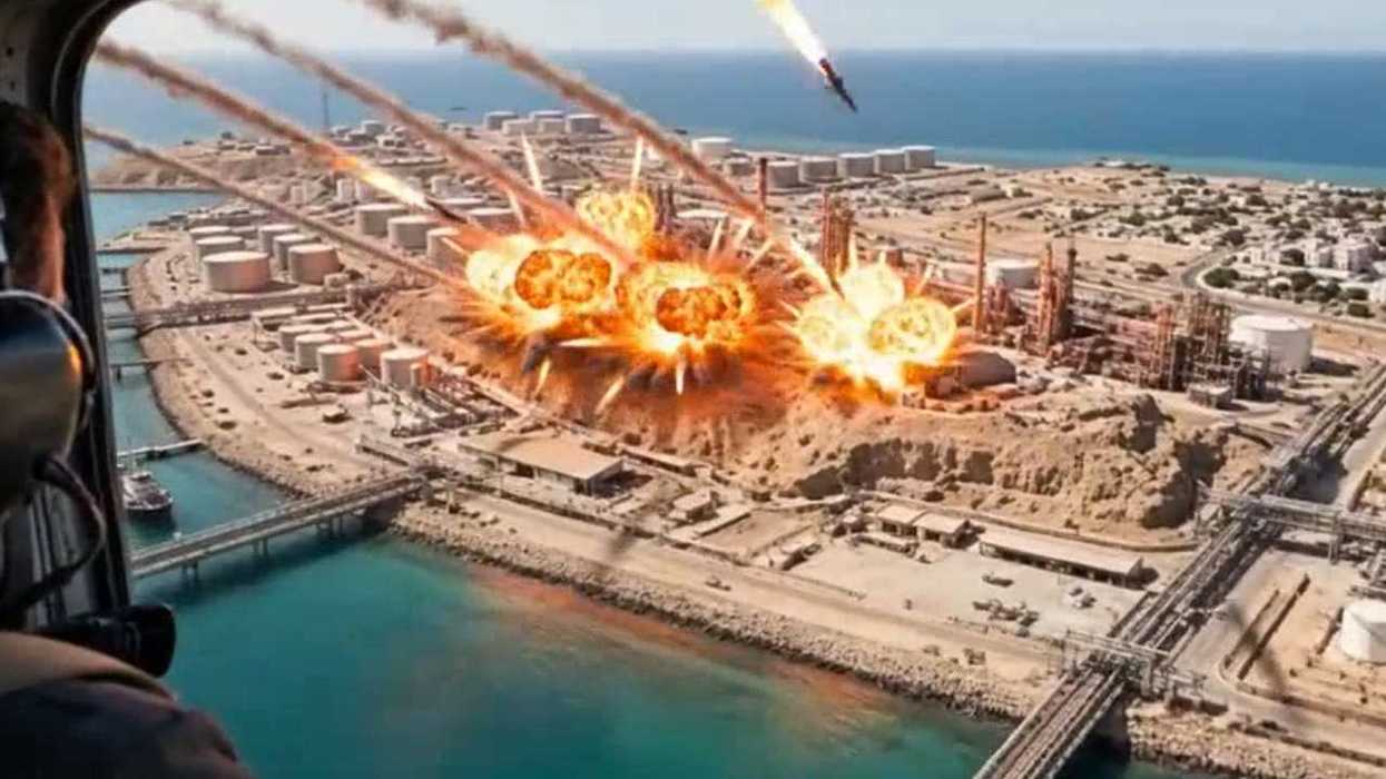 AI-generated imagery of missiles striking an oil field and harbour, with a man in an aircraft seen watching the scenes in the left-hand corner.