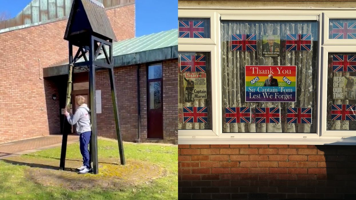 Alfie McAnespie, 13, rings the bell at Chicksands Church, Bedfordshire, in honour of Captain Tom, and a house in Hull also pays tribute