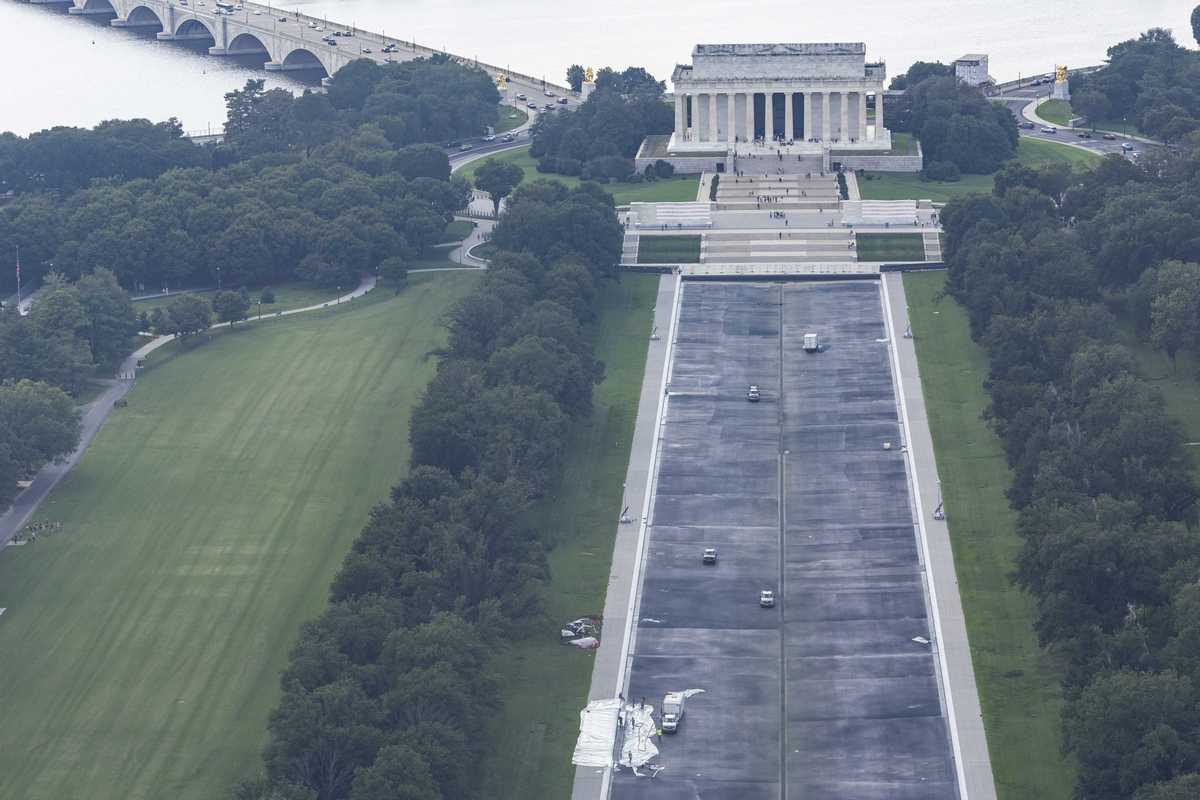 An aerial photo of the drained Reflecting Pool in Washington, D.C.