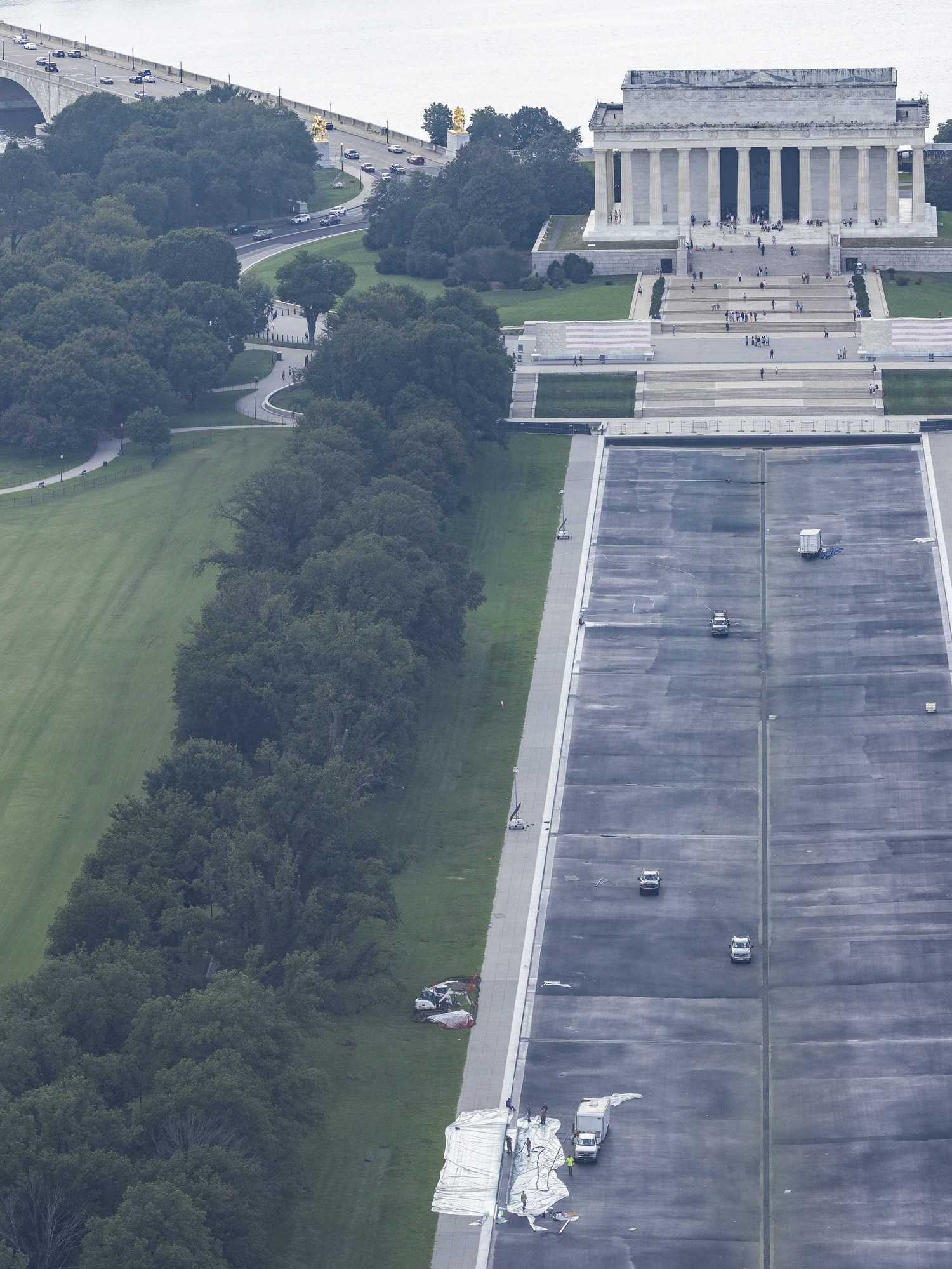 An aerial photo of the drained Reflecting Pool in Washington, D.C.