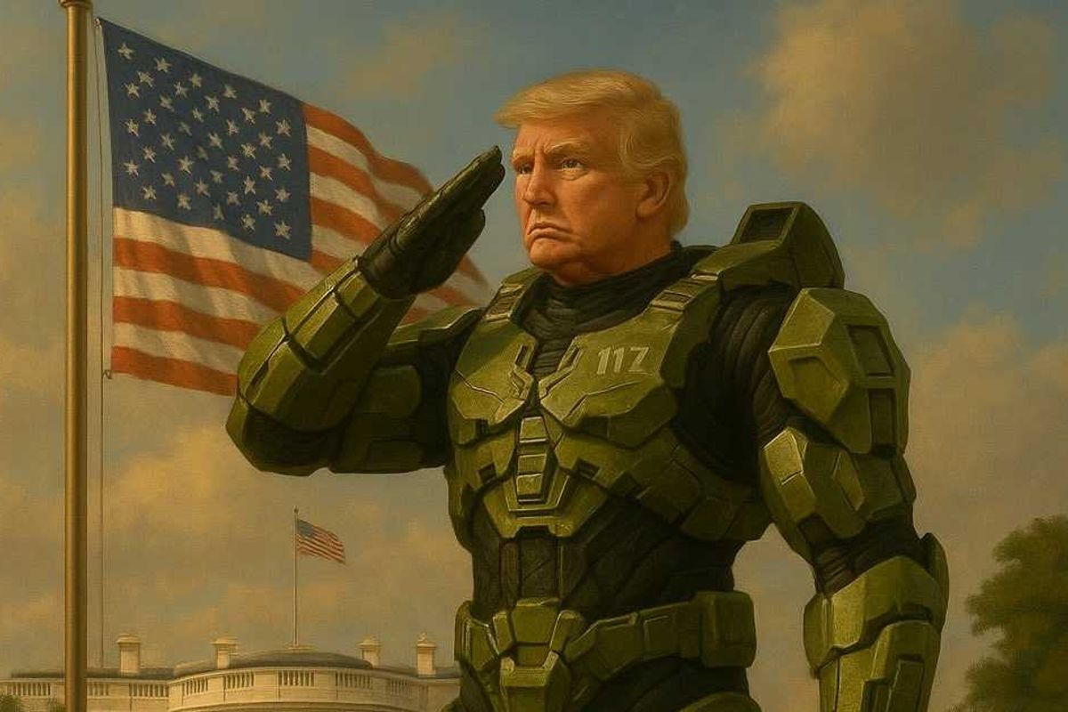 An AI generated image of Donald Trump as the Master Chief from Halo standing in front of a US flag posted by the official White House account on X / Twitter