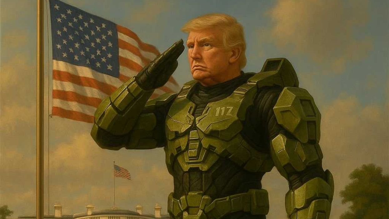 An AI generated image of Donald Trump as the Master Chief from Halo standing in front of a US flag posted by the official White House account on X / Twitter