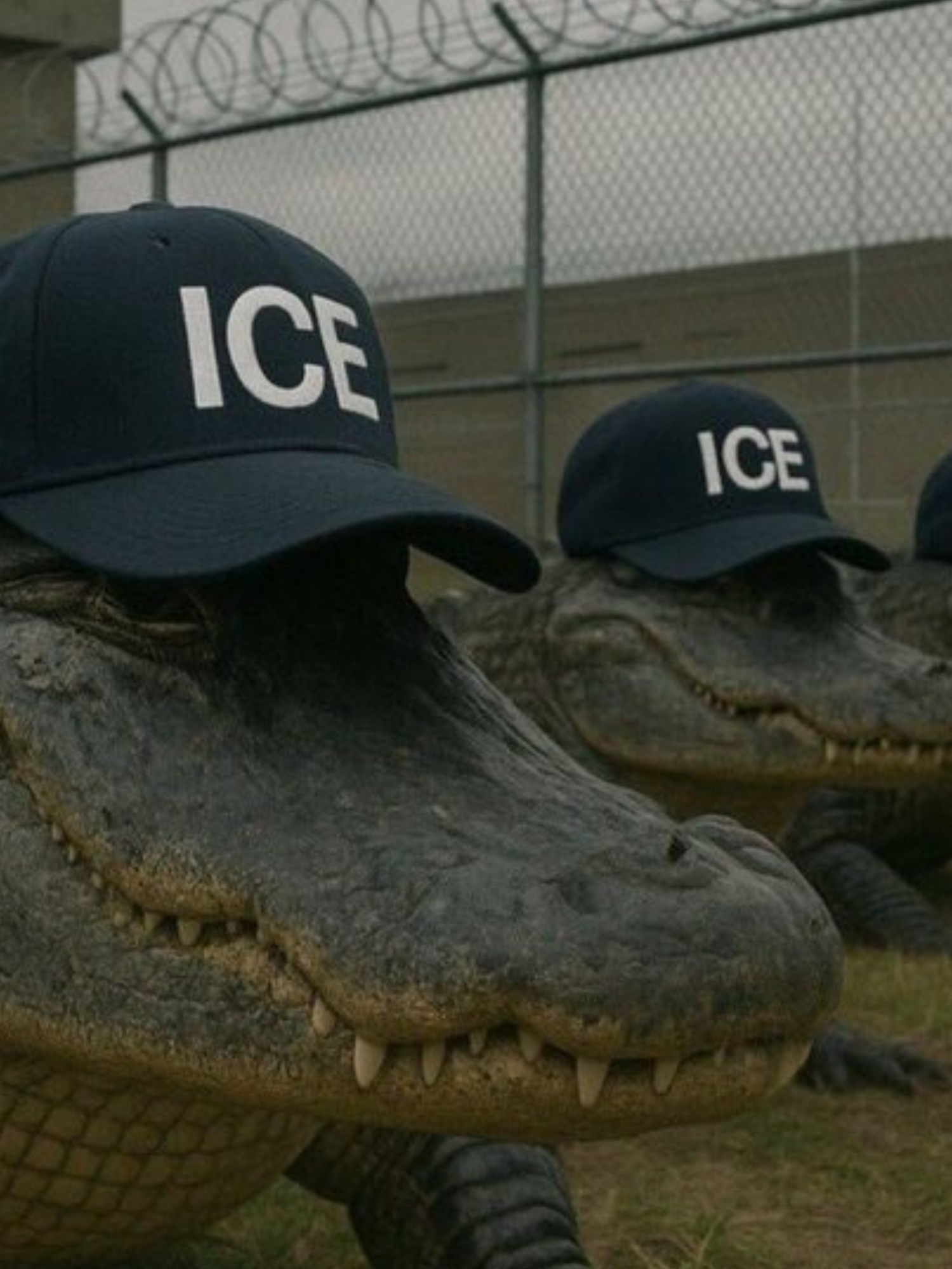 An AI-generated image of four alligators wearing black ICE caps, positioned outside a prison facility with barbed wire fencing.