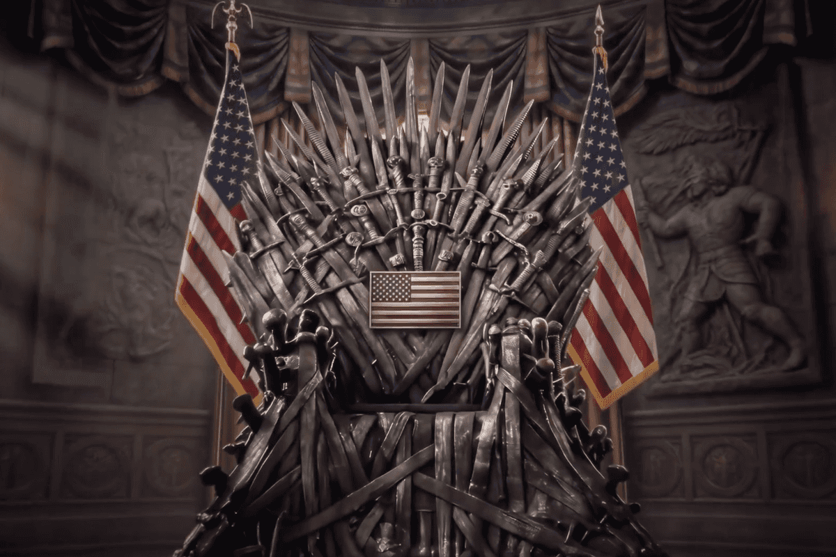 An AI-generated image of the Iron Throne from Game of Thrones emblazoned with US flags.
