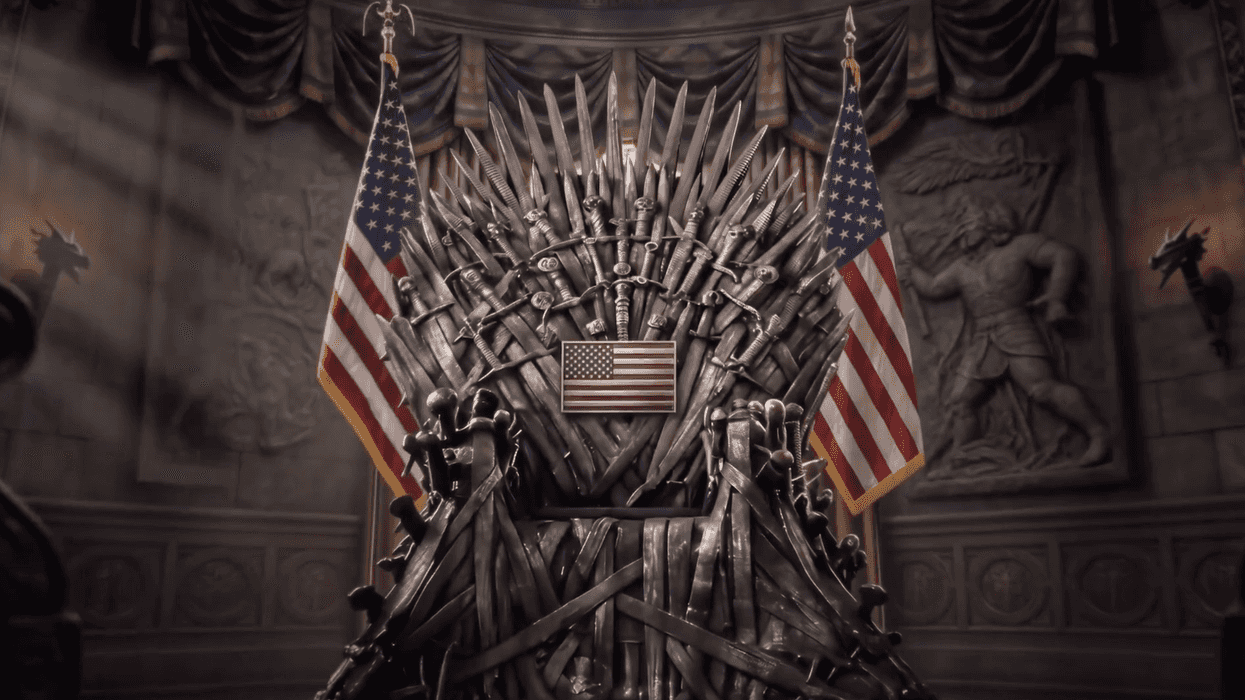 An AI-generated image of the Iron Throne from Game of Thrones emblazoned with US flags.