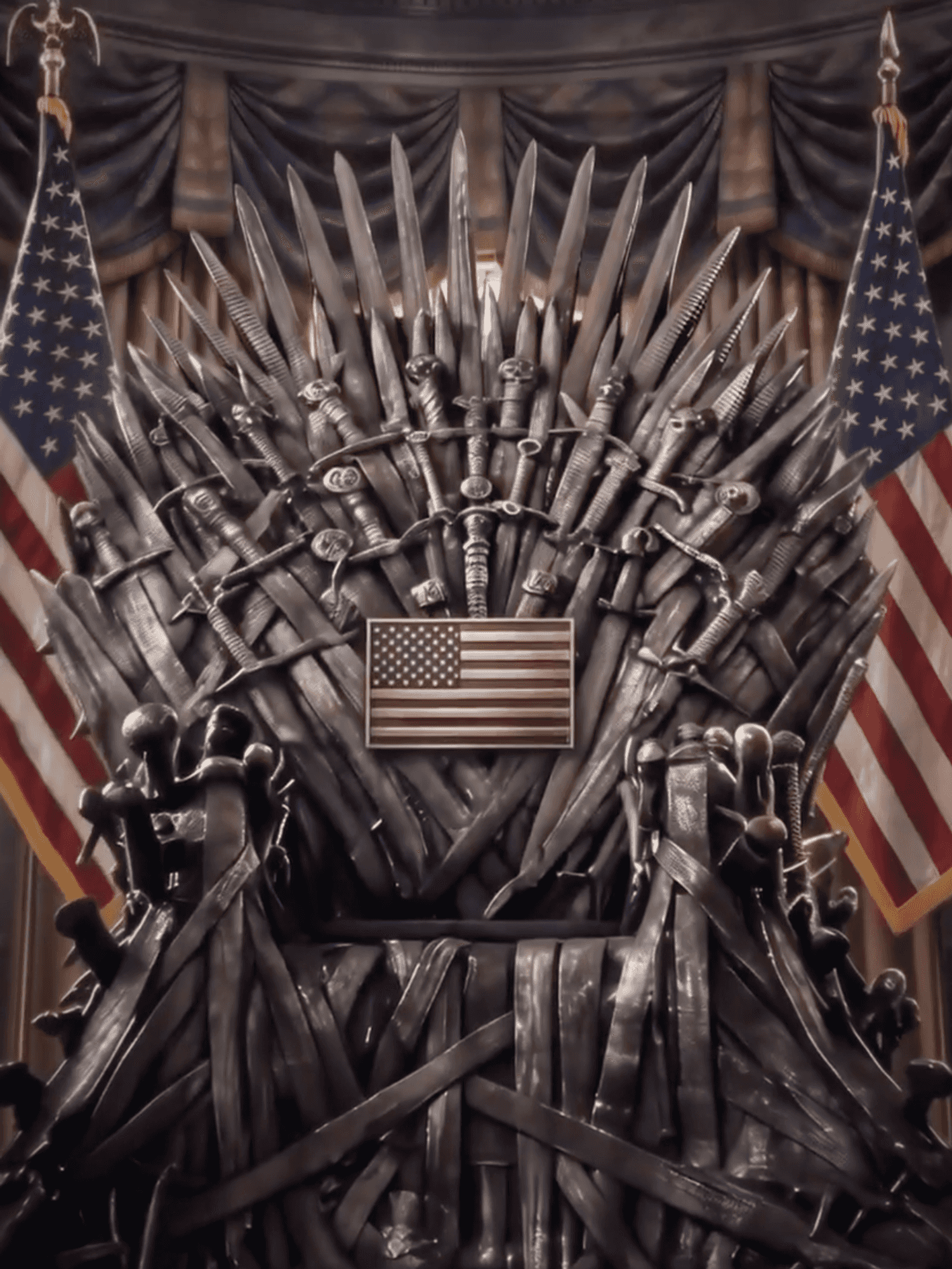 An AI-generated image of the Iron Throne from Game of Thrones emblazoned with US flags.