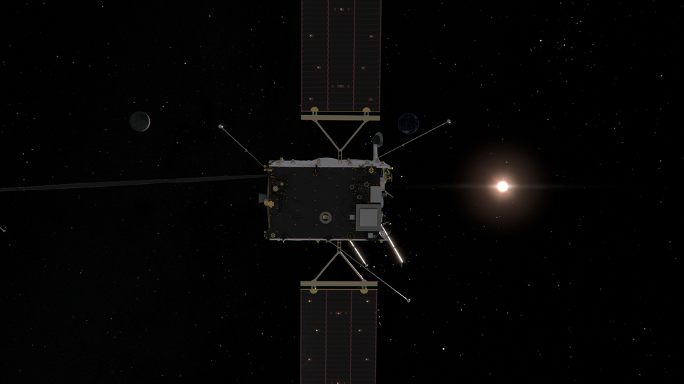 An artist's impression of the Juice spacecraft cruising towards the moon and the Earth