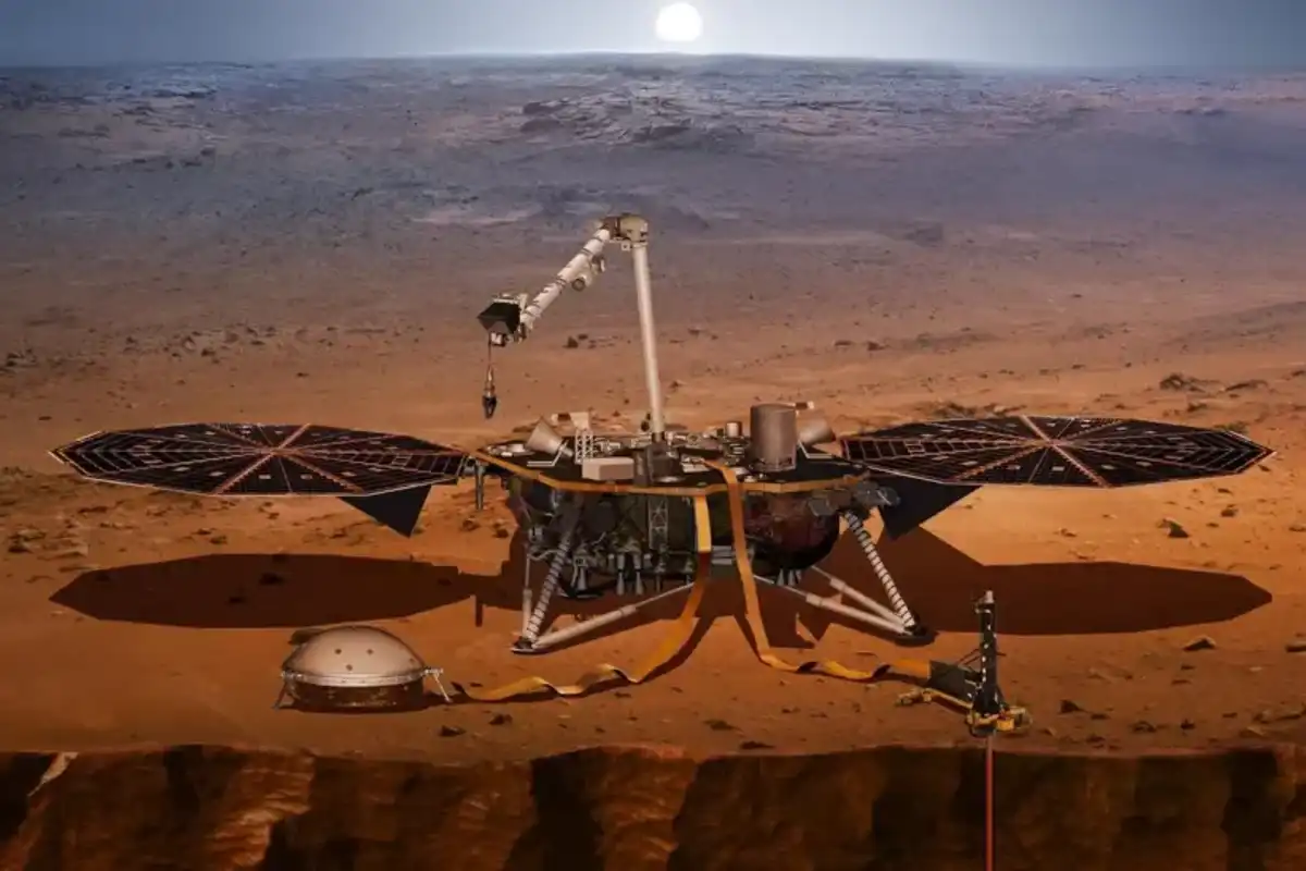 An artist's interpretation of Nasa's InSight lander on the surface of Mars