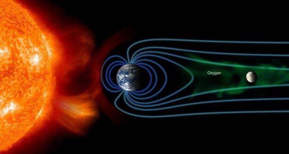 An artist\u2019s representation showing Earth\u2019s magnetosphere bombarding the Moon with oxygen ions during the Moon\u2019s orbit through the magnetotail. Picture: