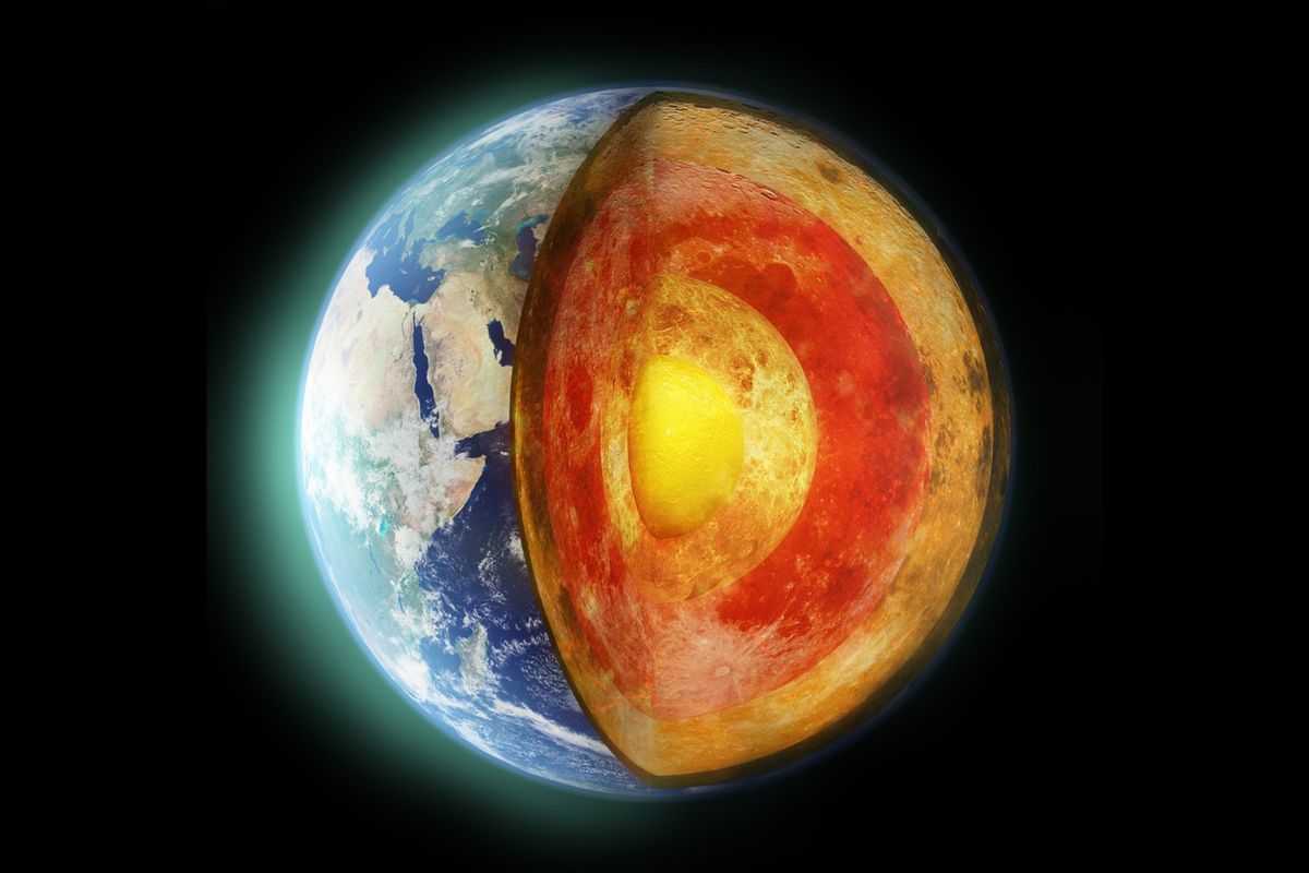 An artists's visualisation of a cross-section of the Earth, showing its interiour layers
