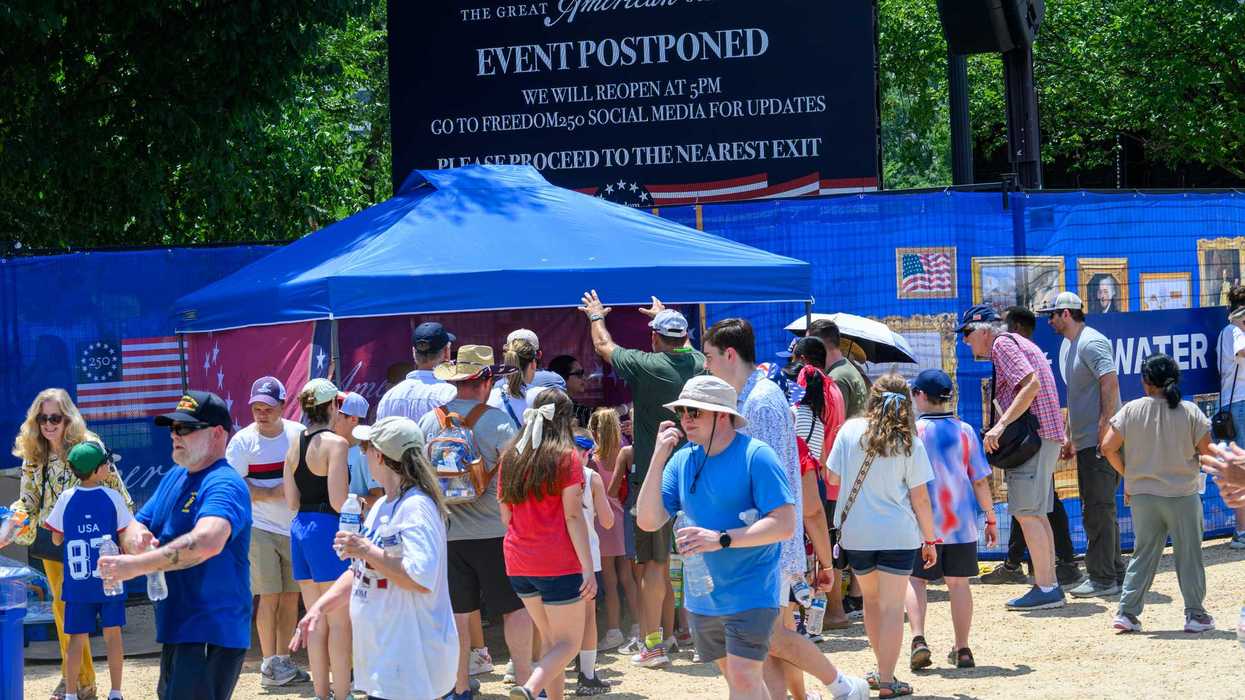An "event postponed" sign is displayed above a water tent at the Great American State Fair.