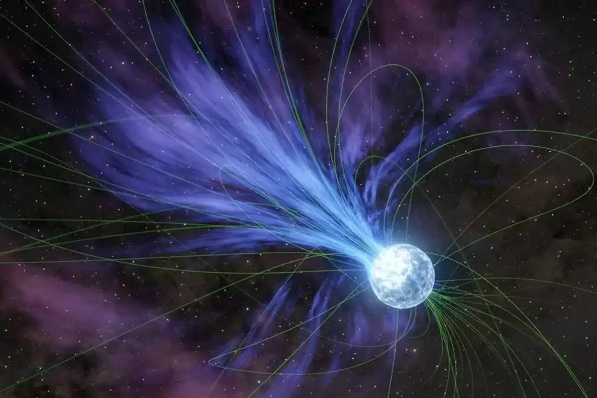 An illustration of a magnetar, a highly magnetised neutron star that can emit powerful electromagnetic radiation